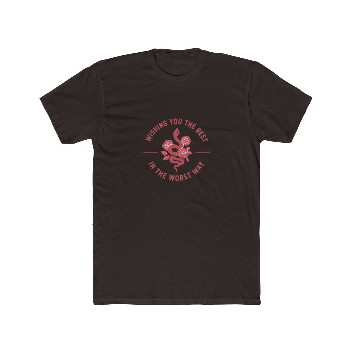A dark grey t-shirt with a pink graphic of a snake with roses and the text "Wishing you the best in the worst way". - alternate angle 4, merchandise