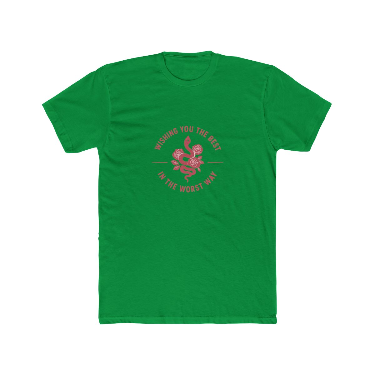 A dark grey t-shirt with a pink graphic of a snake with roses and the text "Wishing you the best in the worst way". - alternate angle 5, merchandise