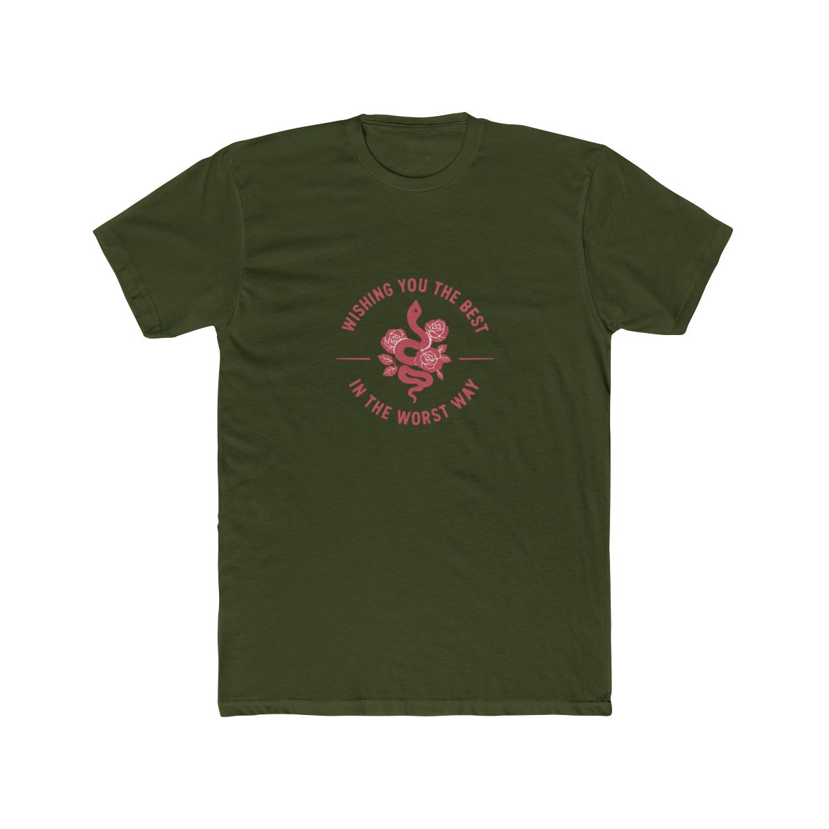 A dark grey t-shirt with a pink graphic of a snake with roses and the text "Wishing you the best in the worst way". - Official T-Shirts merchandise