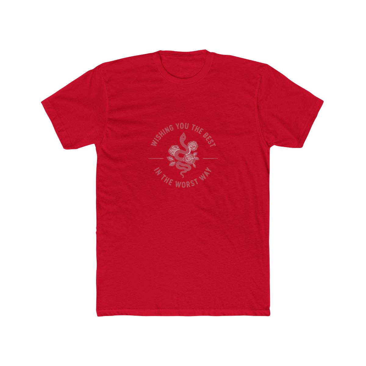 A dark grey t-shirt with a pink graphic of a snake with roses and the text "Wishing you the best in the worst way". - alternate angle 2, merchandise