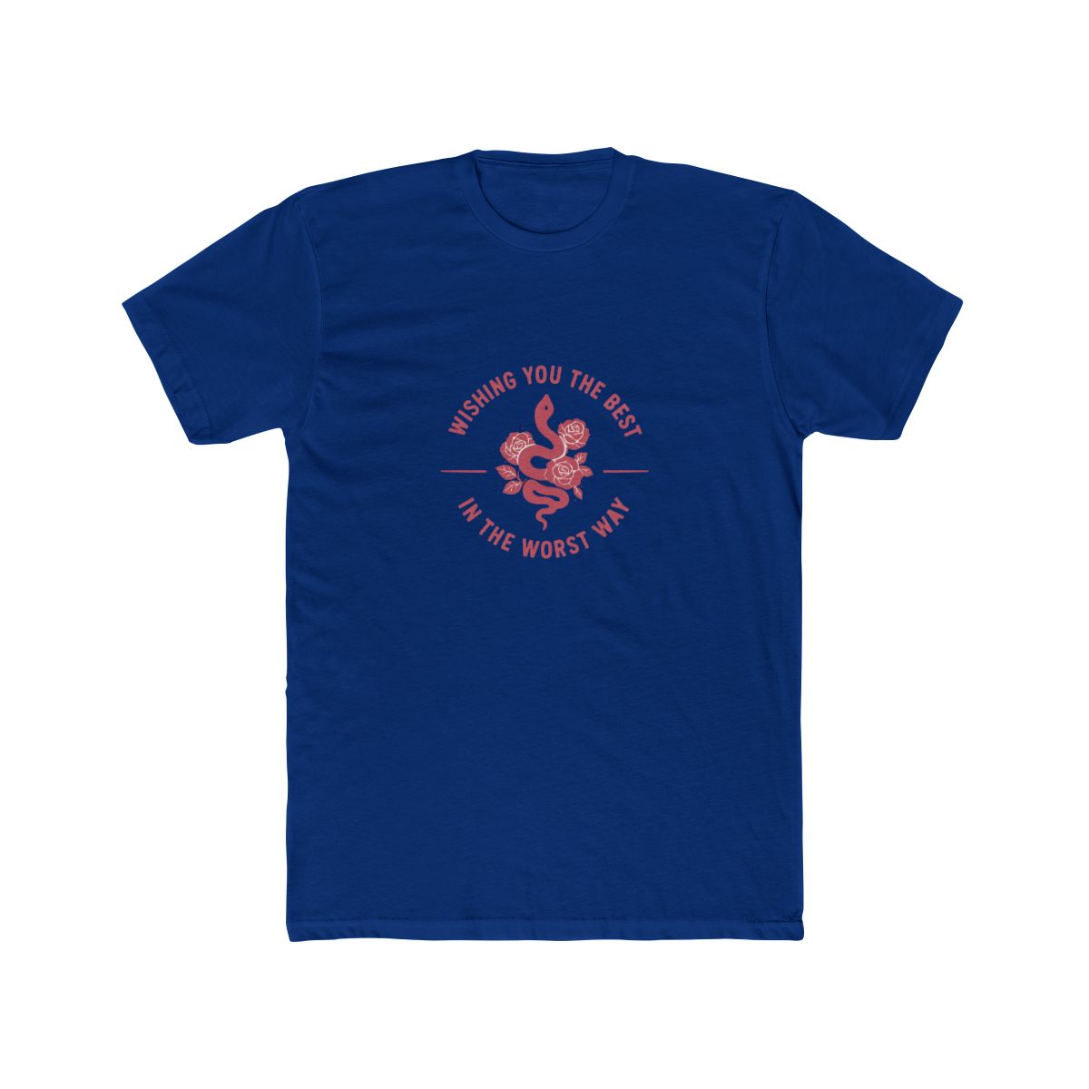 A dark grey t-shirt with a pink graphic of a snake with roses and the text "Wishing you the best in the worst way". - alternate angle 3, merchandise