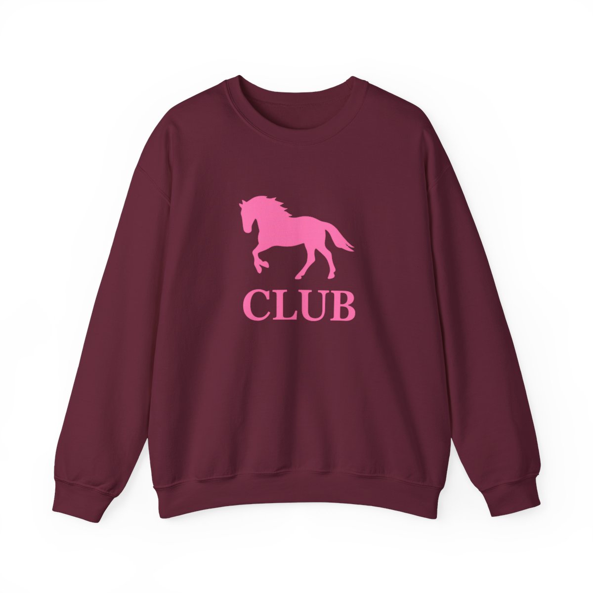 Black sweatshirt with a pink silhouette of a horse and the word "CLUB" printed on the front.
