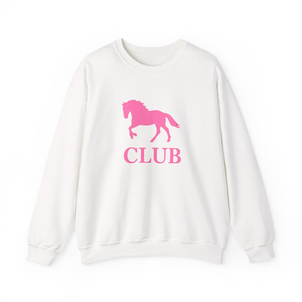 Black sweatshirt with a pink silhouette of a horse and the word "CLUB" printed on the front.
