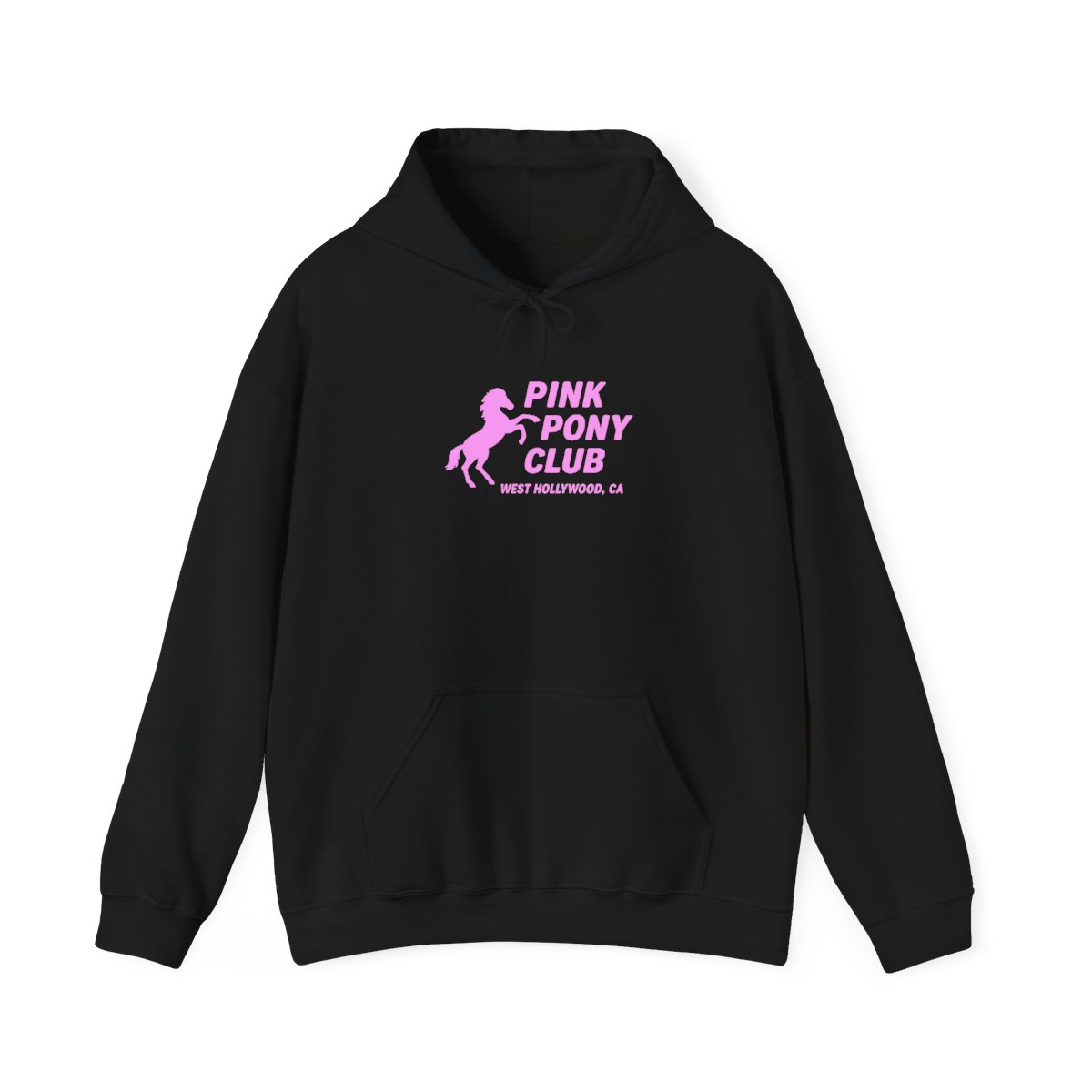 Light blue hoodie with a pink silhouette of a horse and the text "PINK PONY CLUB WEST HOLLYWOOD, CA"