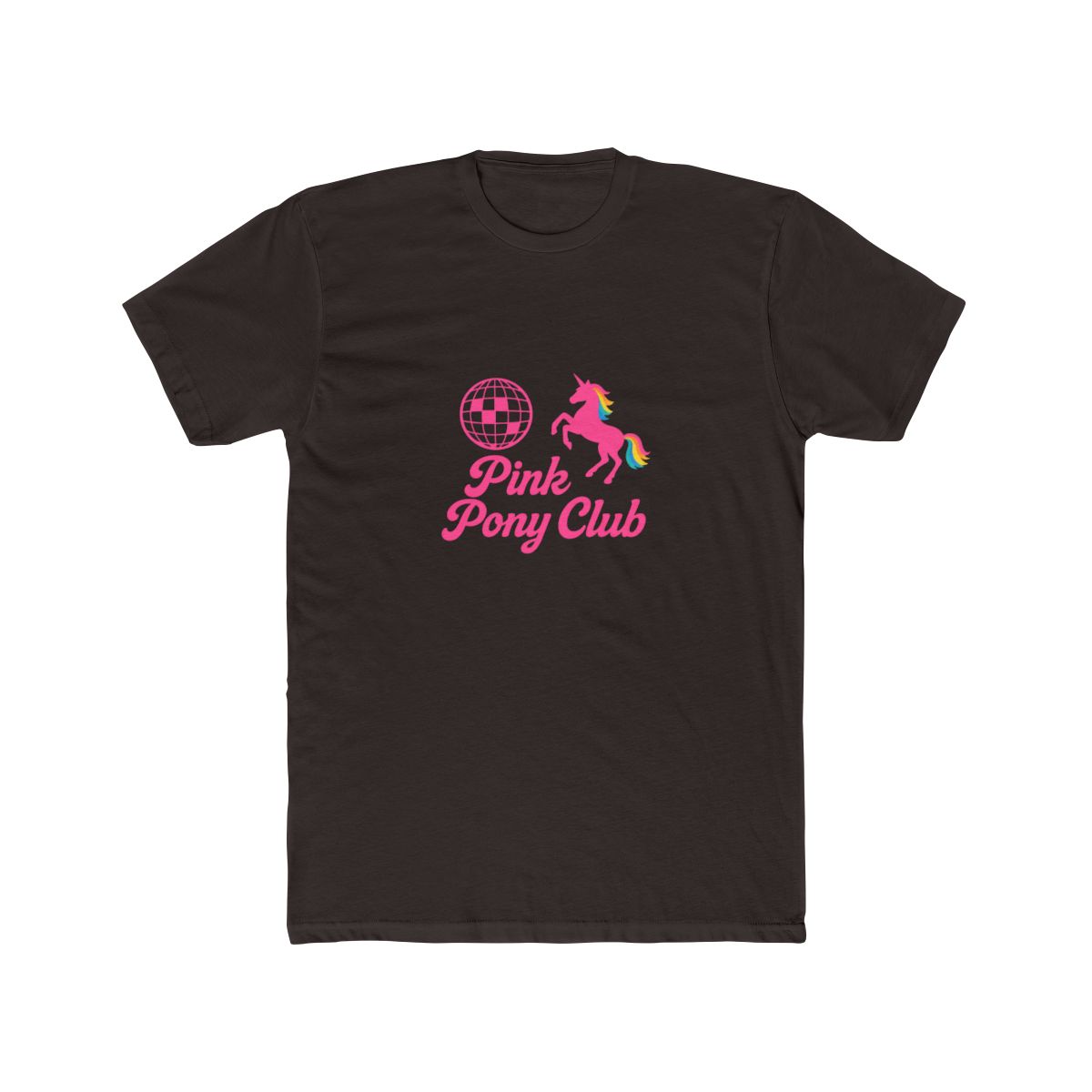 Black t-shirt with a pink disco ball, unicorn, and the text "Pink Pony Club". - alternate angle 2, merchandise
