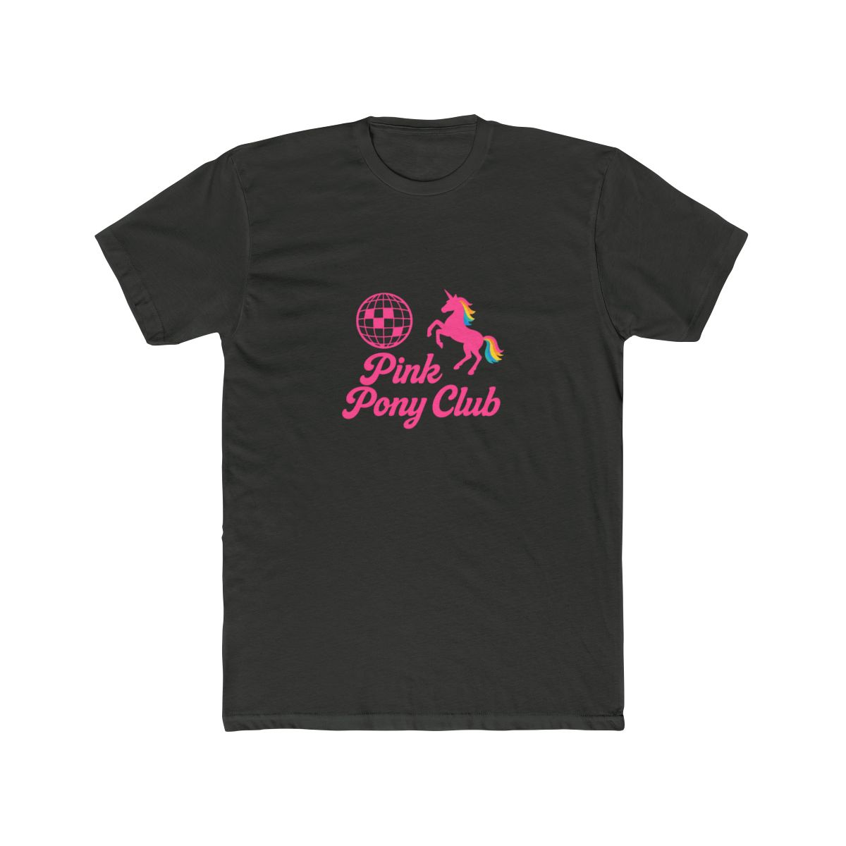 Black t-shirt with a pink disco ball, unicorn, and the text "Pink Pony Club". - alternate angle 5, merchandise
