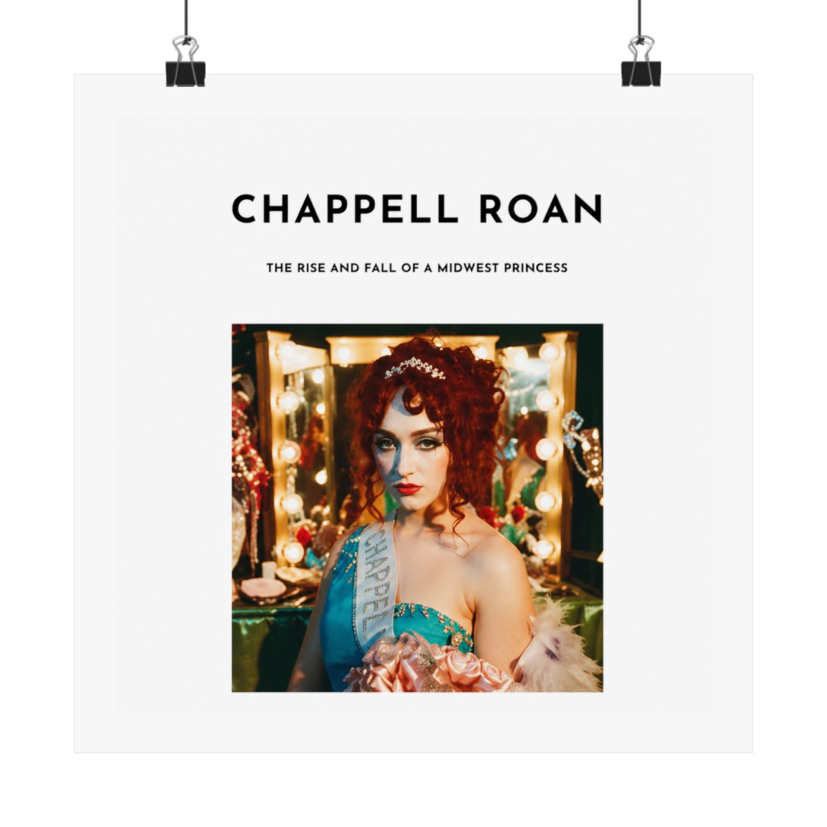 A Dresses with a white background and black text that reads "Chappell Roan, The Rise and Fall of a Midwest Princess". The Dresses features a photo of a woman with red hair wearing a blue and white... - alternate angle 3, merchandise