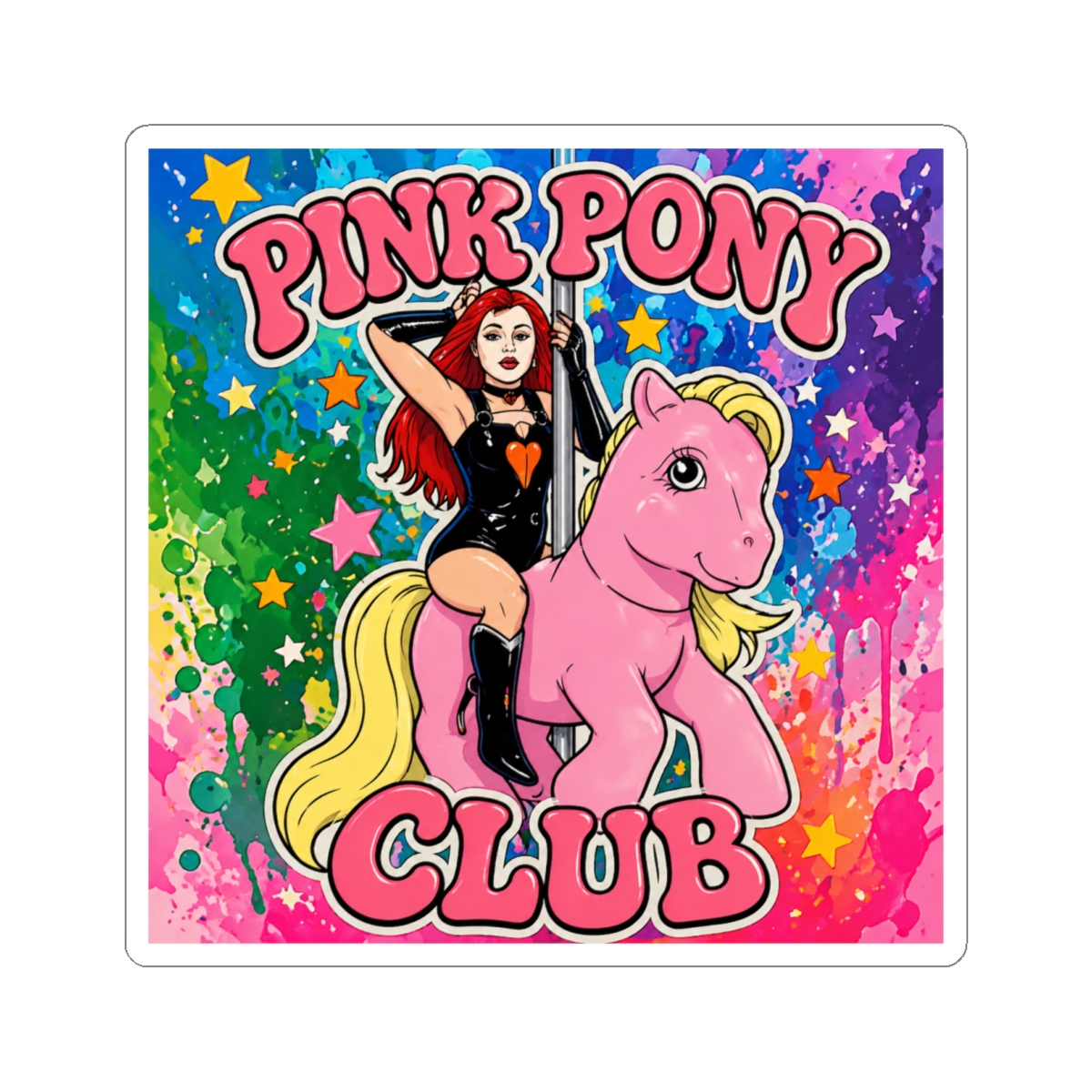 A white sticker featuring a pink pony with a woman in a black outfit riding it. The text "PINK PONY CLUB" is written in pink letters on the sticker
