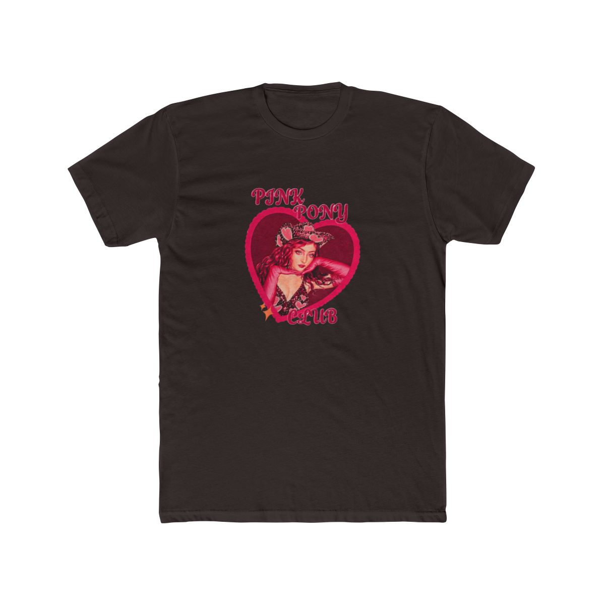 Two t-shirts with a pink heart design featuring a woman wearing a cowboy hat and the text "PINK PONY CLUB" - alternate angle 3, merchandise