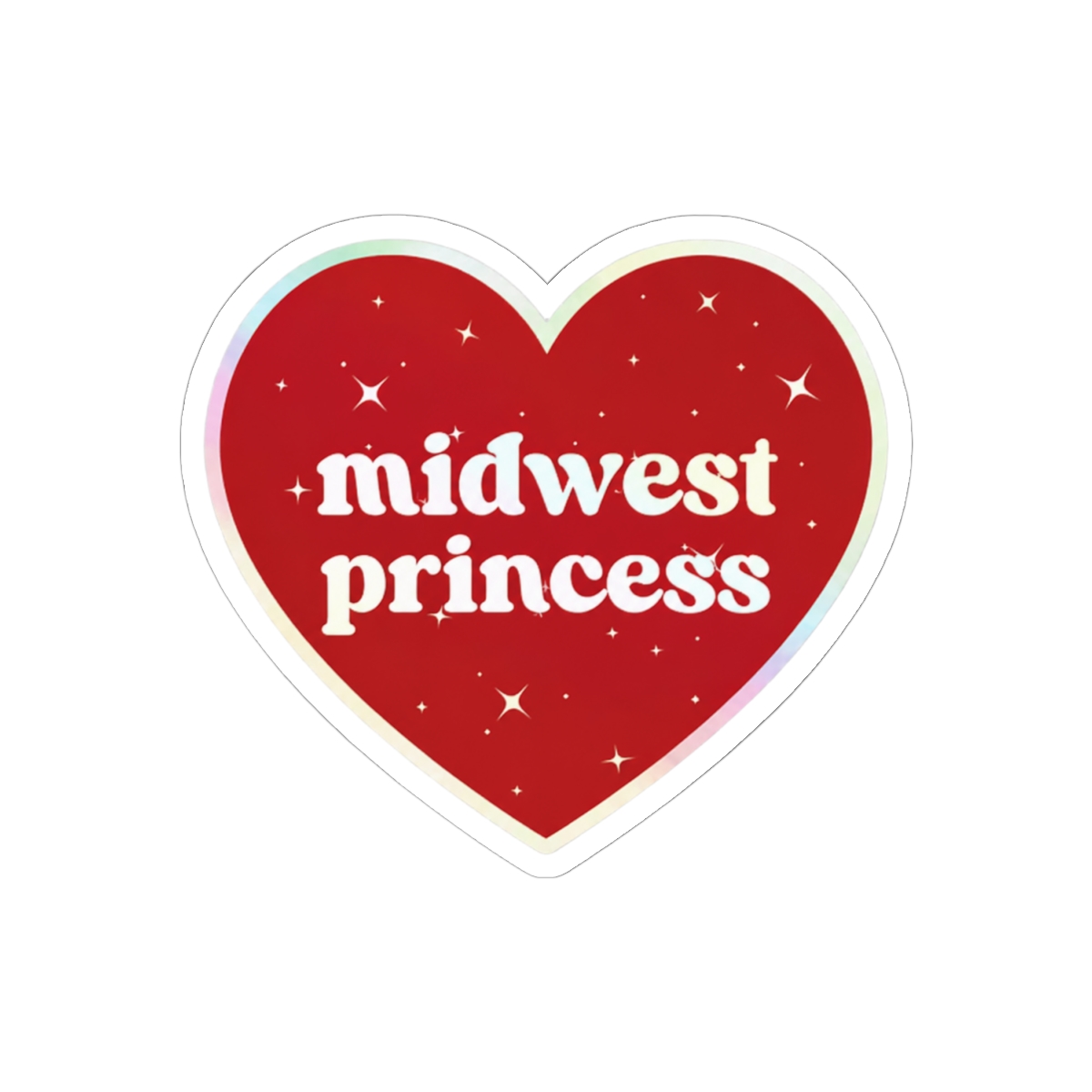 Red heart-shaped sticker with a white outline and glitter. The sticker says "midwest princess" in white letters - alternate angle 1, merchandise