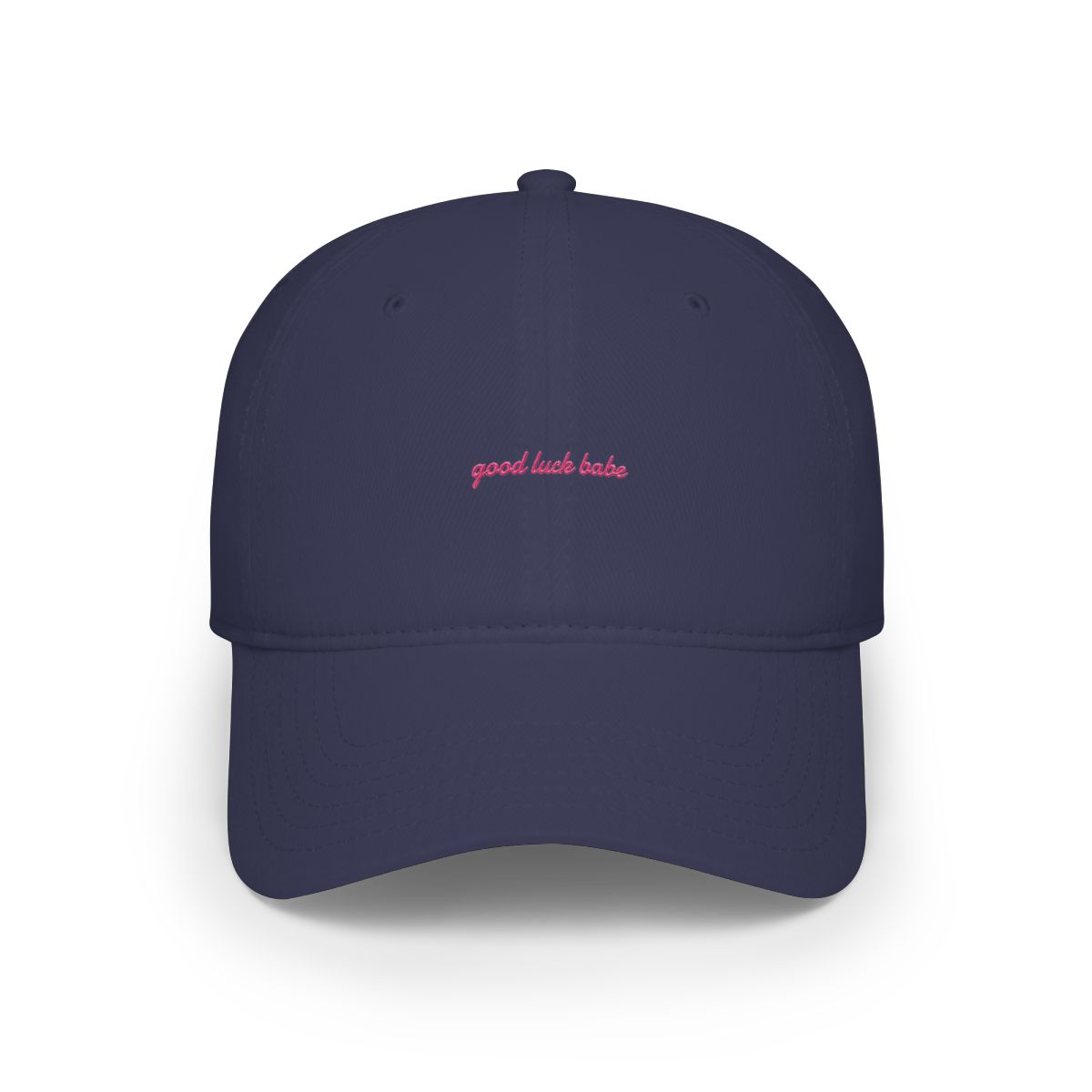 A pink baseball cap with the text "good luck babe" in pink on the front - alternate angle 2, merchandise