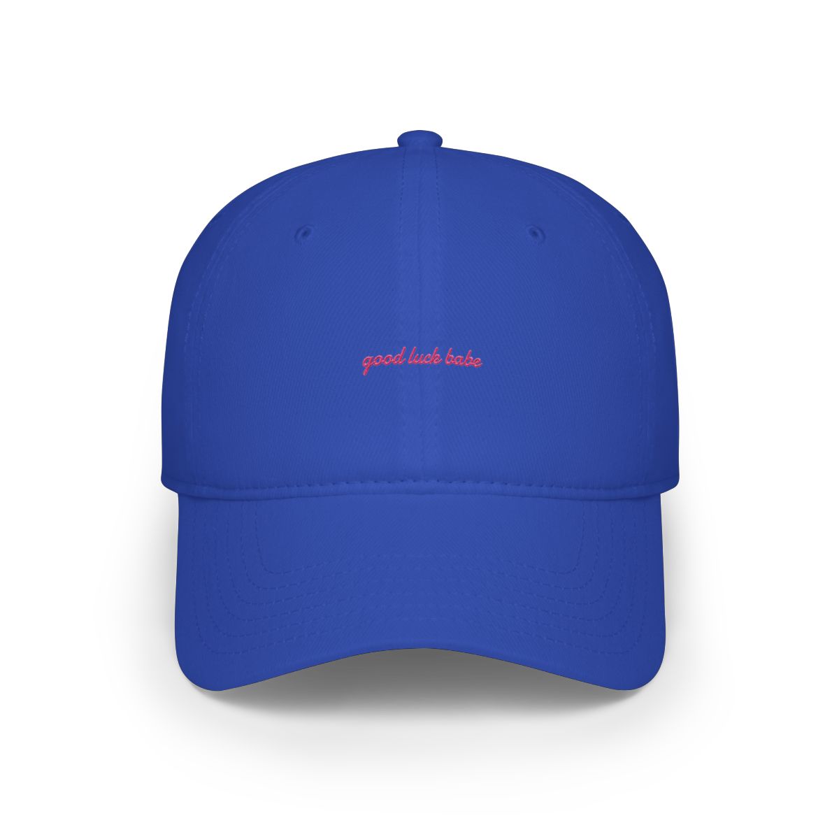 A pink baseball cap with the text "good luck babe" in pink on the front - alternate angle 3, merchandise
