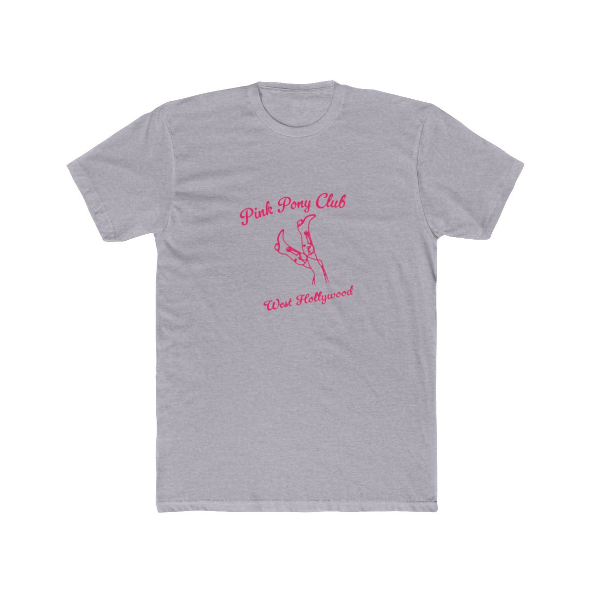 White T Shirt with the text "Pink Pony Club West Hollywood" in pink script. The shirt features a pink line drawing of legs and high heels. The shirt is folded and placed on a light surface - alternate angle 4, merchandise