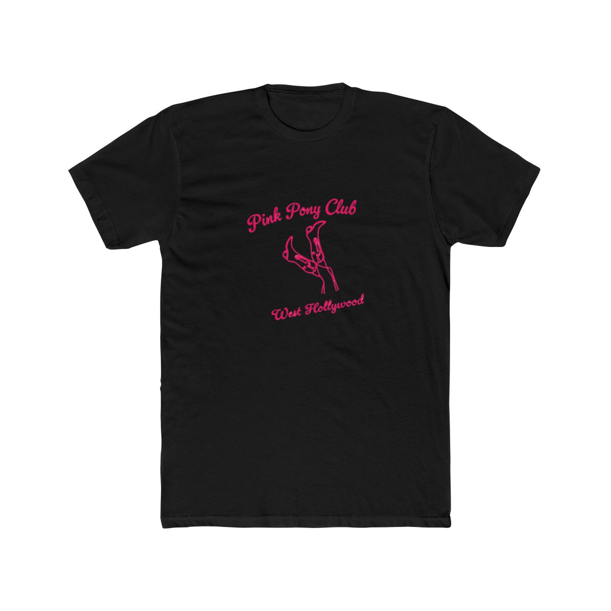 White T Shirt with the text "Pink Pony Club West Hollywood" in pink script. The shirt features a pink line drawing of legs and high heels. The shirt is folded and placed on a light surface