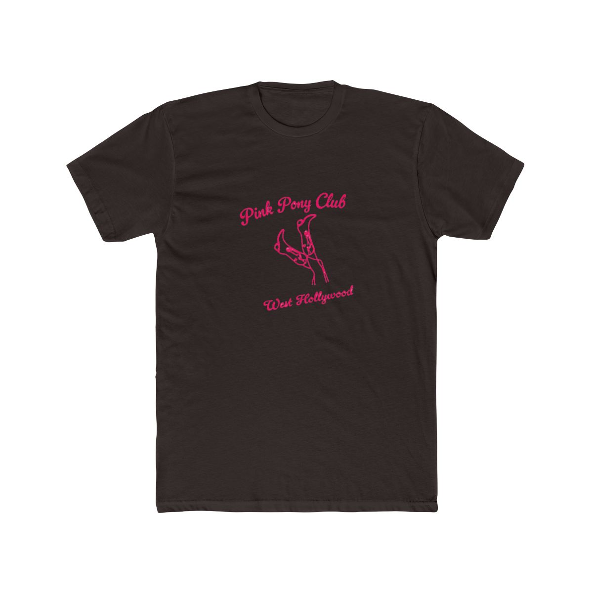 White T Shirt with the text "Pink Pony Club West Hollywood" in pink script. The shirt features a pink line drawing of legs and high heels. The shirt is folded and placed on a light surface - Official T-Shirts merchandise