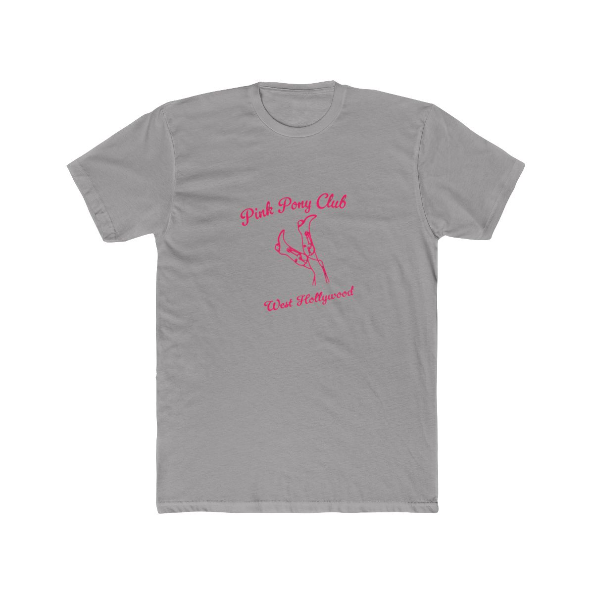 White T Shirt with the text "Pink Pony Club West Hollywood" in pink script. The shirt features a pink line drawing of legs and high heels. The shirt is folded and placed on a light surface - alternate angle 2, merchandise