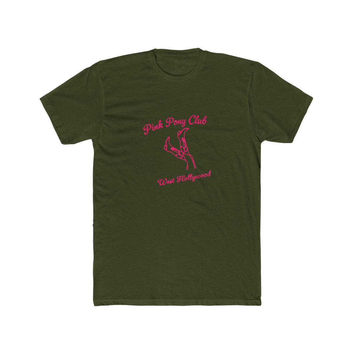 White T Shirt with the text "Pink Pony Club West Hollywood" in pink script. The shirt features a pink line drawing of legs and high heels. The shirt is folded and placed on a light surface - alternate angle 5, merchandise