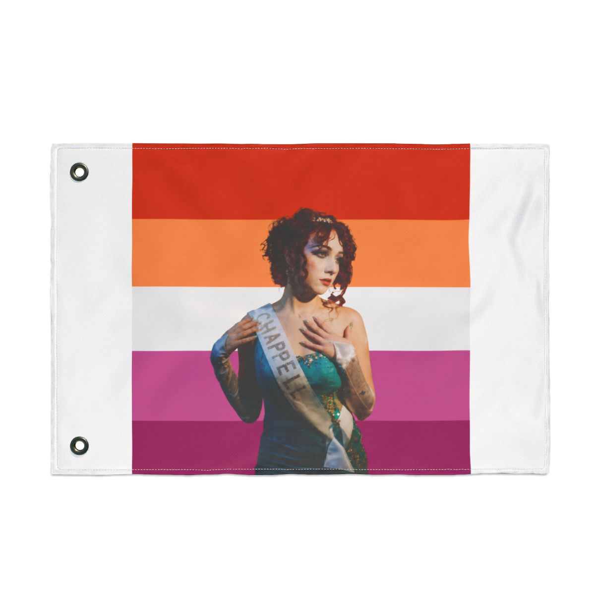 A Dresses featuring a person in a teal dress and a sash that reads "CHAPPEL". The background is the lesbian pride flag, with horizontal stripes of orange, white, pink, and magenta