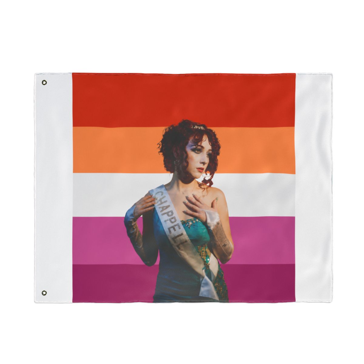 A Dresses featuring a person in a teal dress and a sash that reads "CHAPPEL". The background is the lesbian pride flag, with horizontal stripes of orange, white, pink, and magenta - alternate angle 3, merchandise