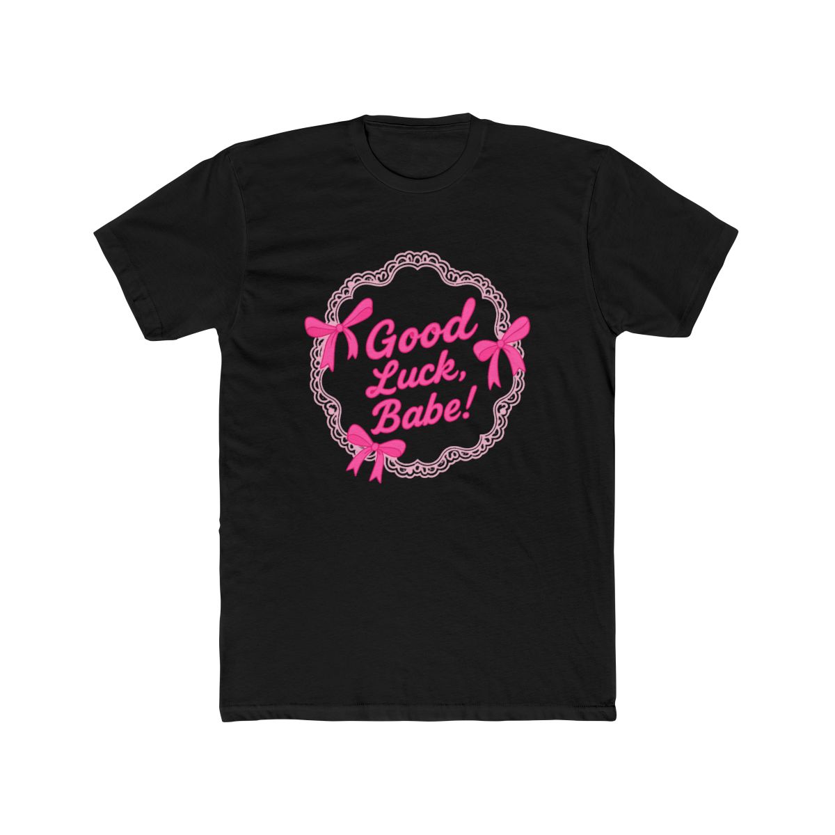 Orchid-coloured T Shirt featuring a cake graphic with pink bows and the text "Good Luck, Babe!". The shirt is made of a soft material and is suitable for casual wear - alternate angle 4, merchandise