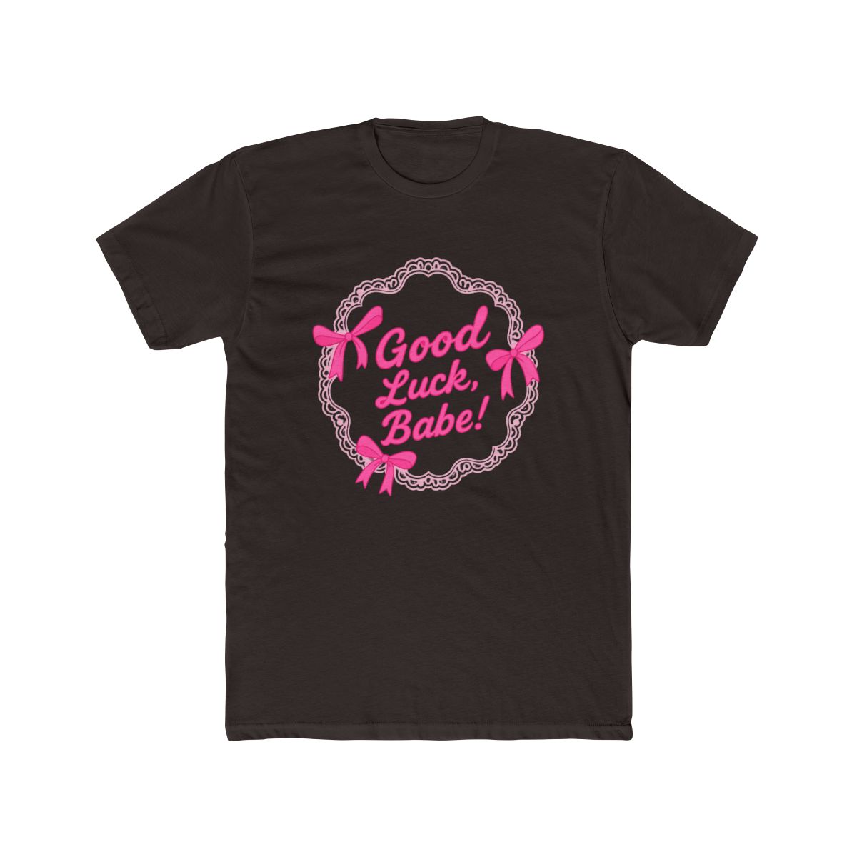 Orchid-coloured T Shirt featuring a cake graphic with pink bows and the text "Good Luck, Babe!". The shirt is made of a soft material and is suitable for casual wear - alternate angle 3, merchandise