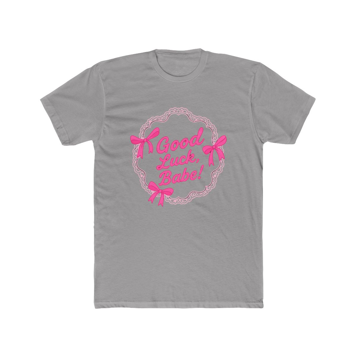 Orchid-coloured T Shirt featuring a cake graphic with pink bows and the text "Good Luck, Babe!". The shirt is made of a soft material and is suitable for casual wear - alternate angle 2, merchandise