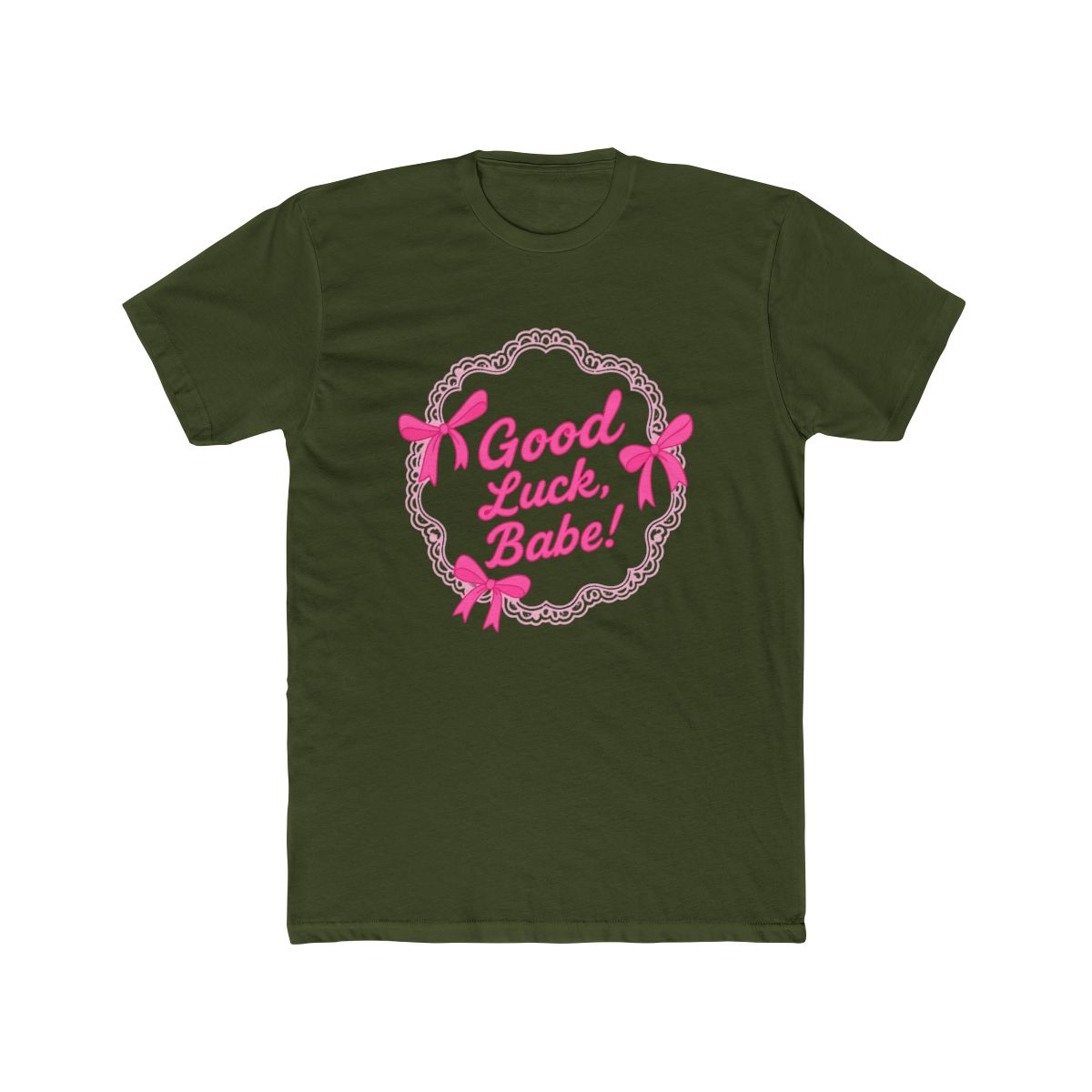 Orchid-coloured T Shirt featuring a cake graphic with pink bows and the text "Good Luck, Babe!". The shirt is made of a soft material and is suitable for casual wear - alternate angle 5, merchandise