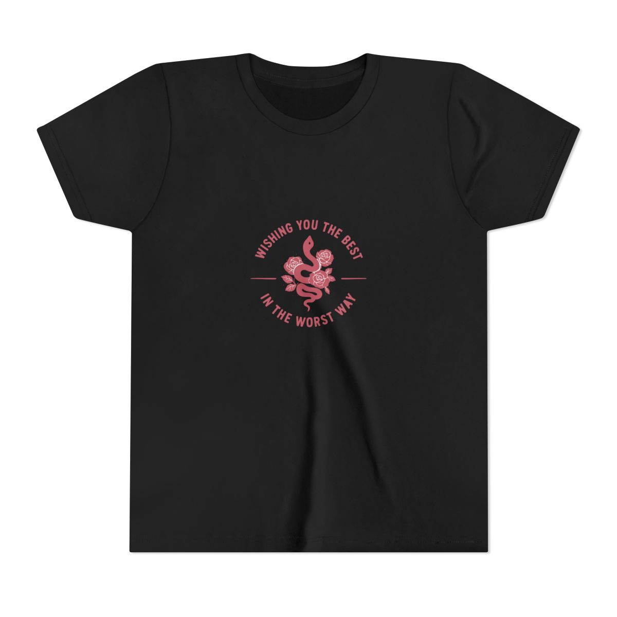 A dark grey t-shirt with a pink graphic of a snake with roses and the text "Wishing you the best in the worst way". (Kids)