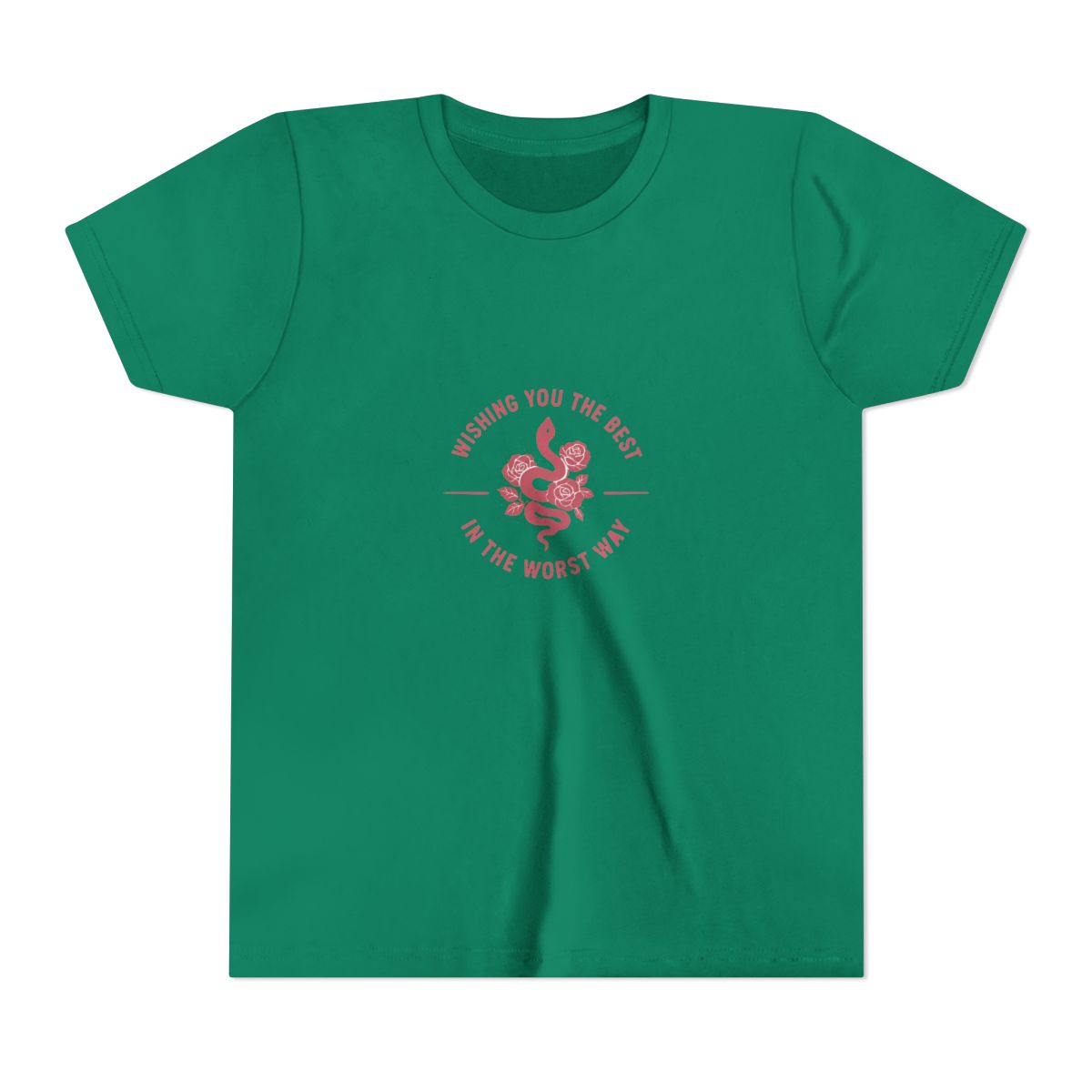 A dark grey t-shirt with a pink graphic of a snake with roses and the text "Wishing you the best in the worst way". (Kids) - alternate angle 2, merchandise