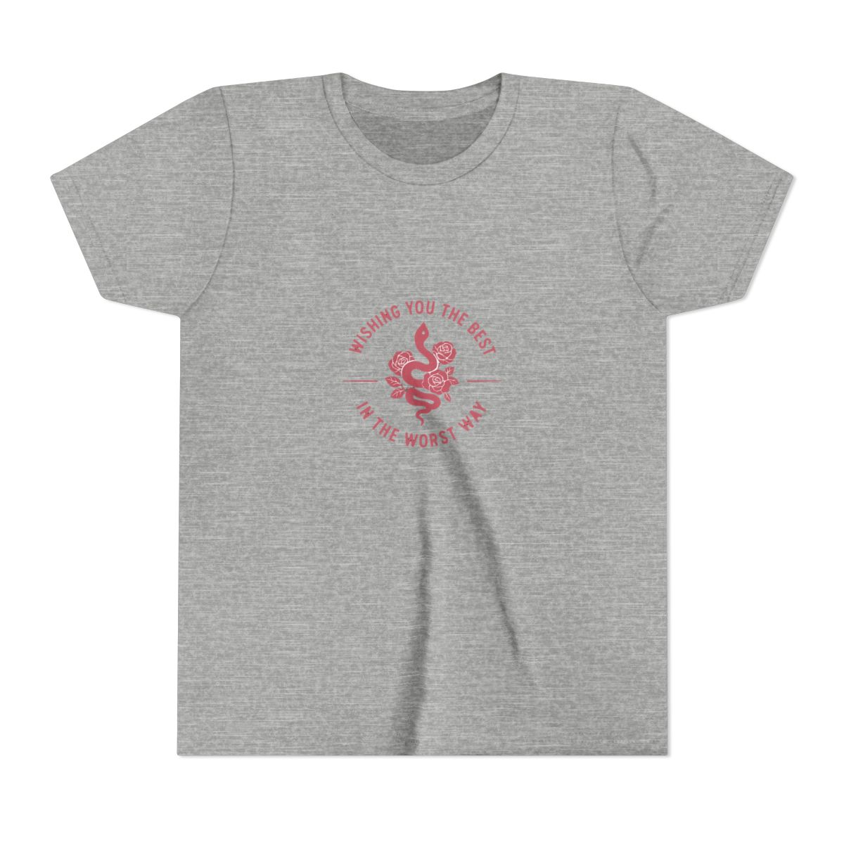 A dark grey t-shirt with a pink graphic of a snake with roses and the text "Wishing you the best in the worst way". (Kids) - alternate angle 3, merchandise