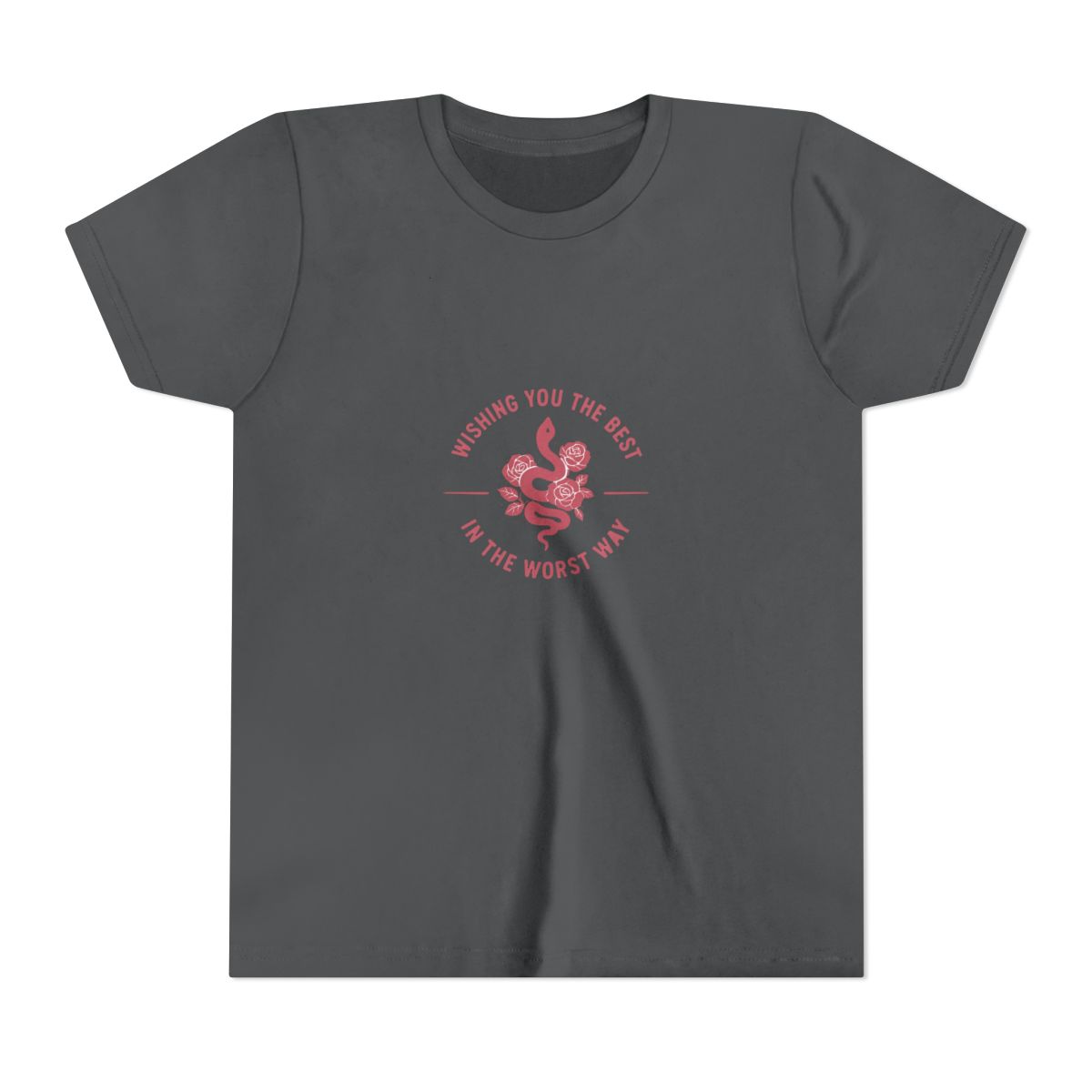 A dark grey t-shirt with a pink graphic of a snake with roses and the text "Wishing you the best in the worst way". (Kids) - alternate angle 5, merchandise