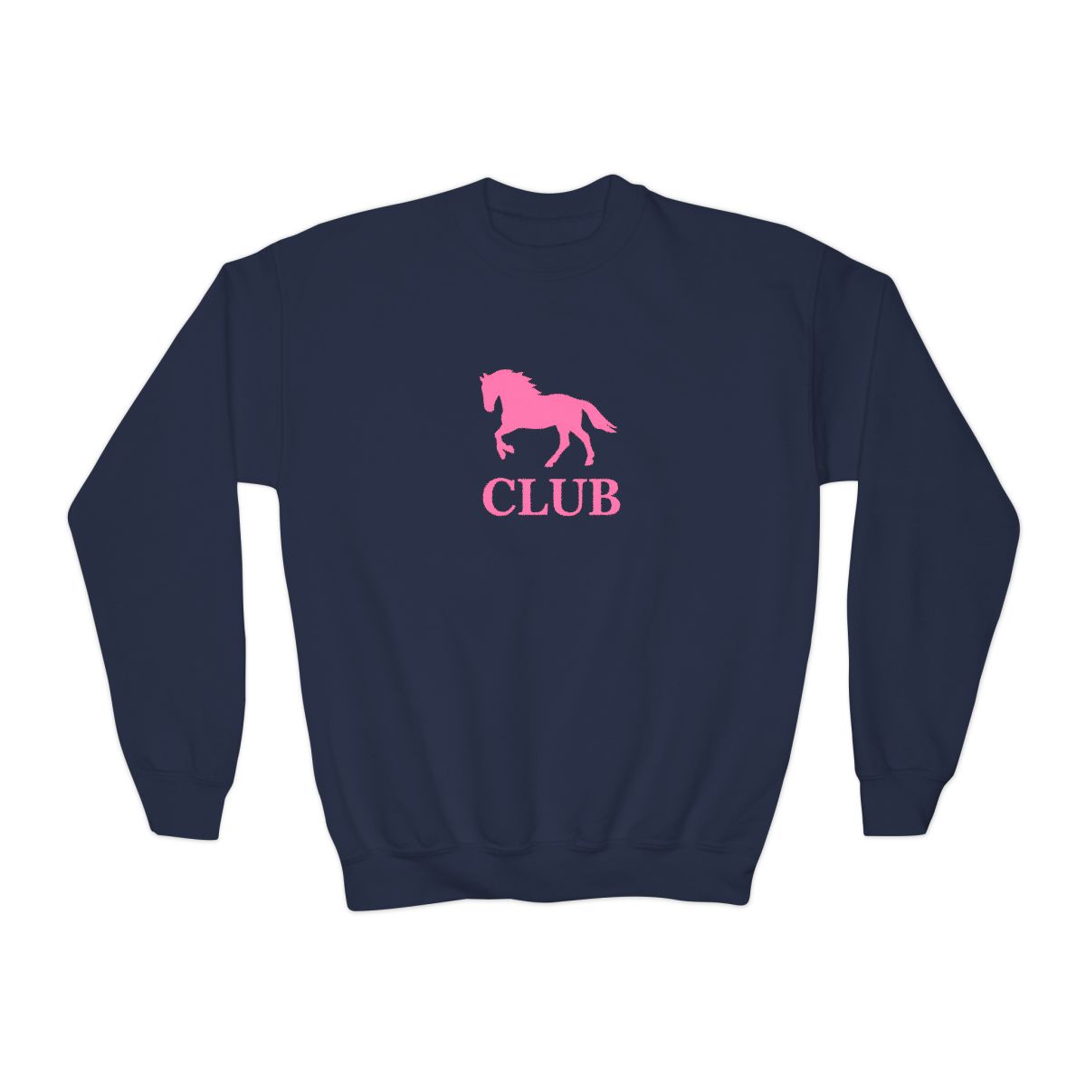 Black sweatshirt with a pink silhouette of a horse and the word "CLUB" printed on the front. (Kids) - alternate angle 2, merchandise