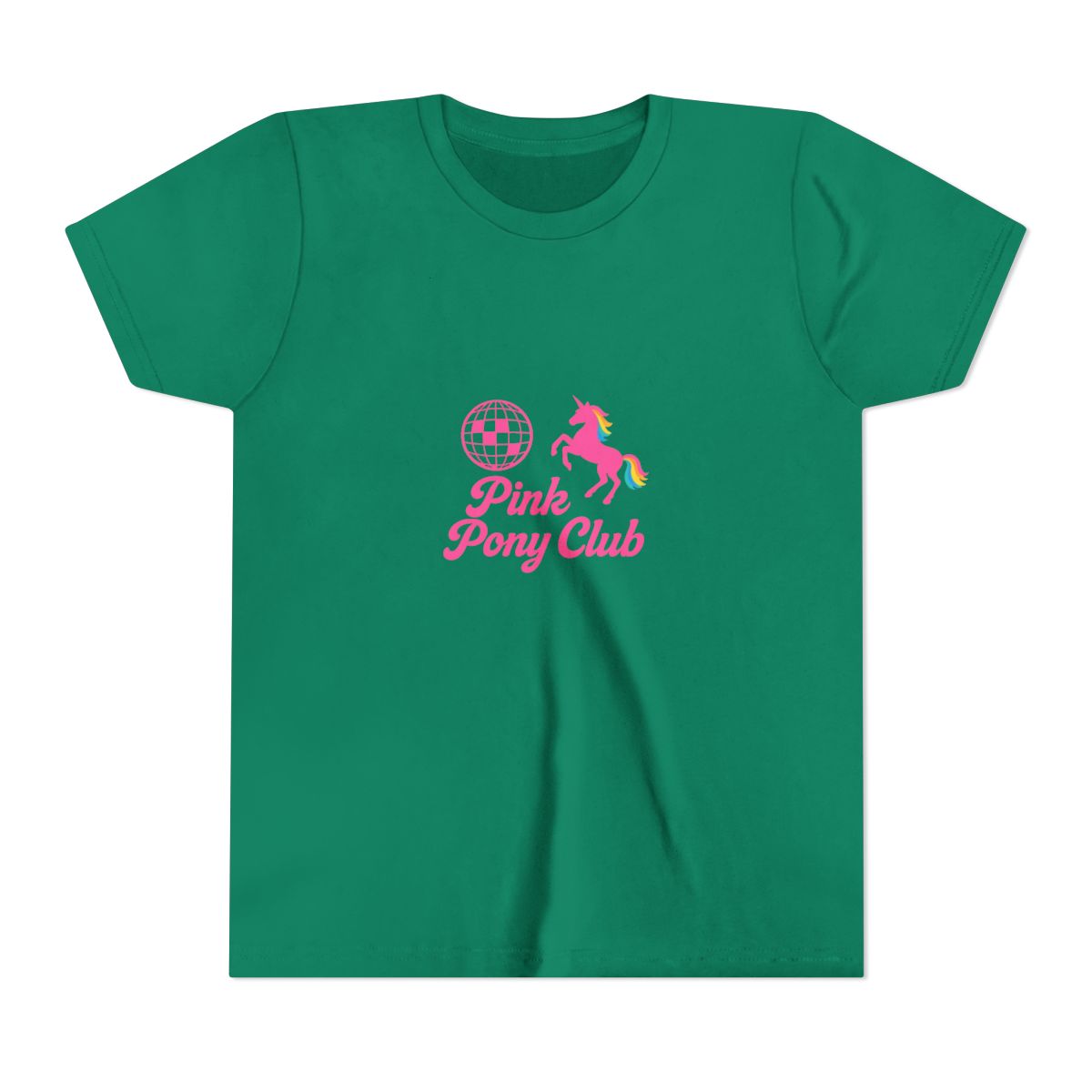 Black t-shirt with a pink disco ball, unicorn, and the text "Pink Pony Club". (Kids) - alternate angle 2, merchandise