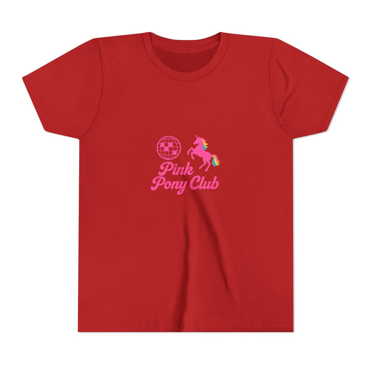 Black t-shirt with a pink disco ball, unicorn, and the text "Pink Pony Club". (Kids)