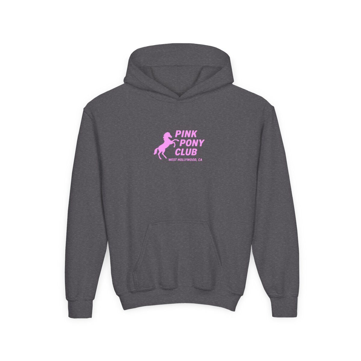 Light blue hoodie with a pink silhouette of a horse and the text "PINK PONY CLUB WEST HOLLYWOOD, CA" (Kids) - alternate angle 3, merchandise