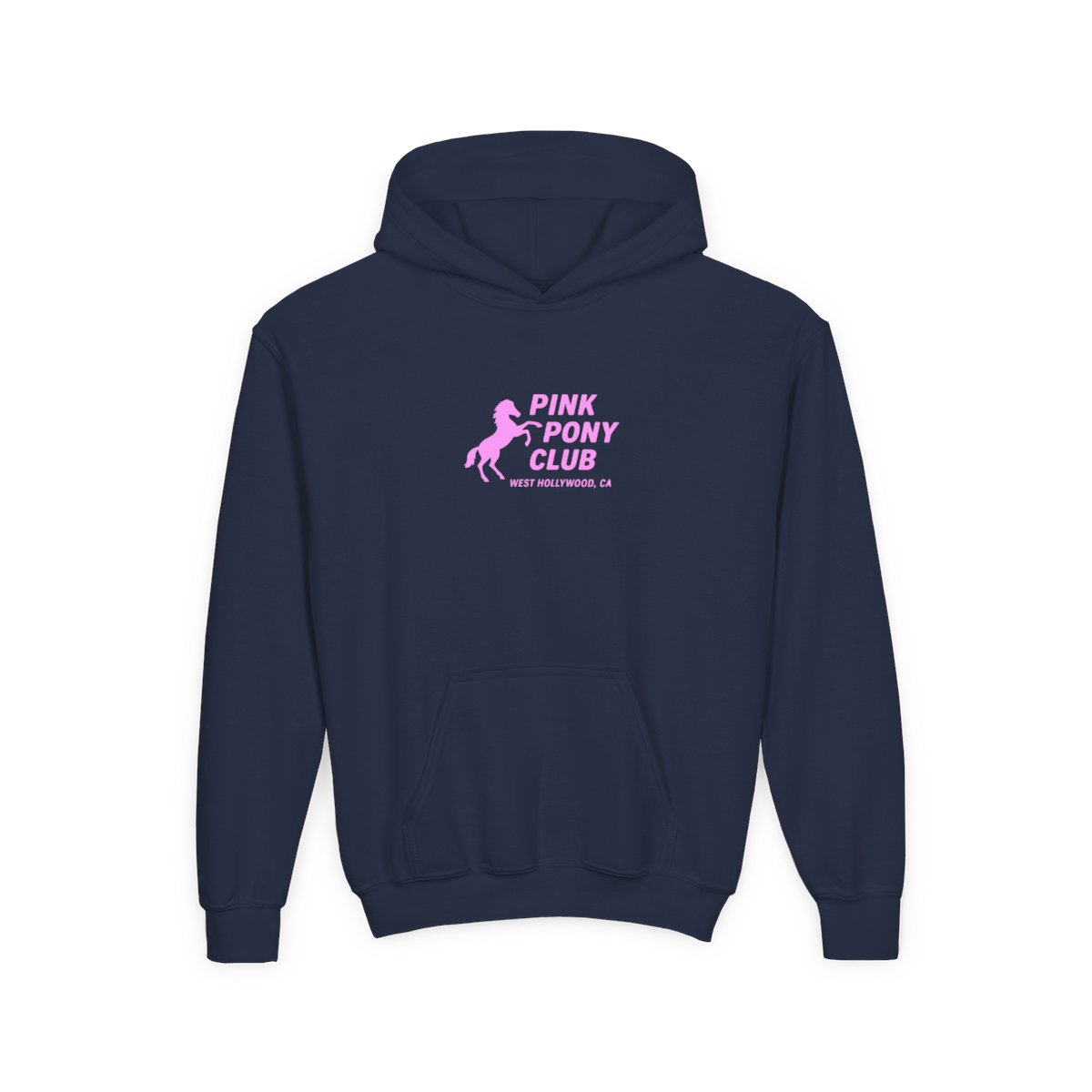 Light blue hoodie with a pink silhouette of a horse and the text "PINK PONY CLUB WEST HOLLYWOOD, CA" (Kids) - alternate angle 4, merchandise