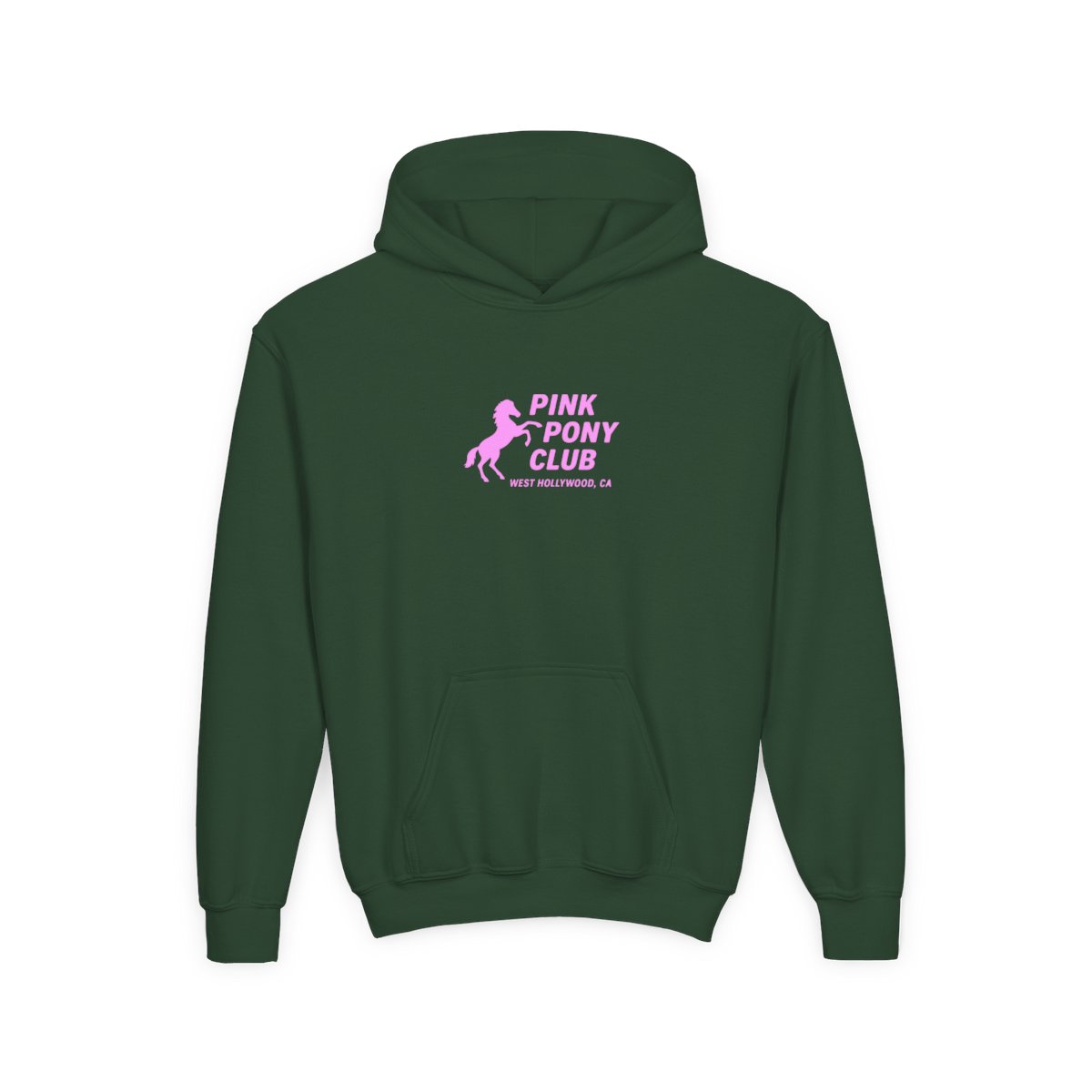 Light blue hoodie with a pink silhouette of a horse and the text "PINK PONY CLUB WEST HOLLYWOOD, CA" (Kids) - alternate angle 2, merchandise