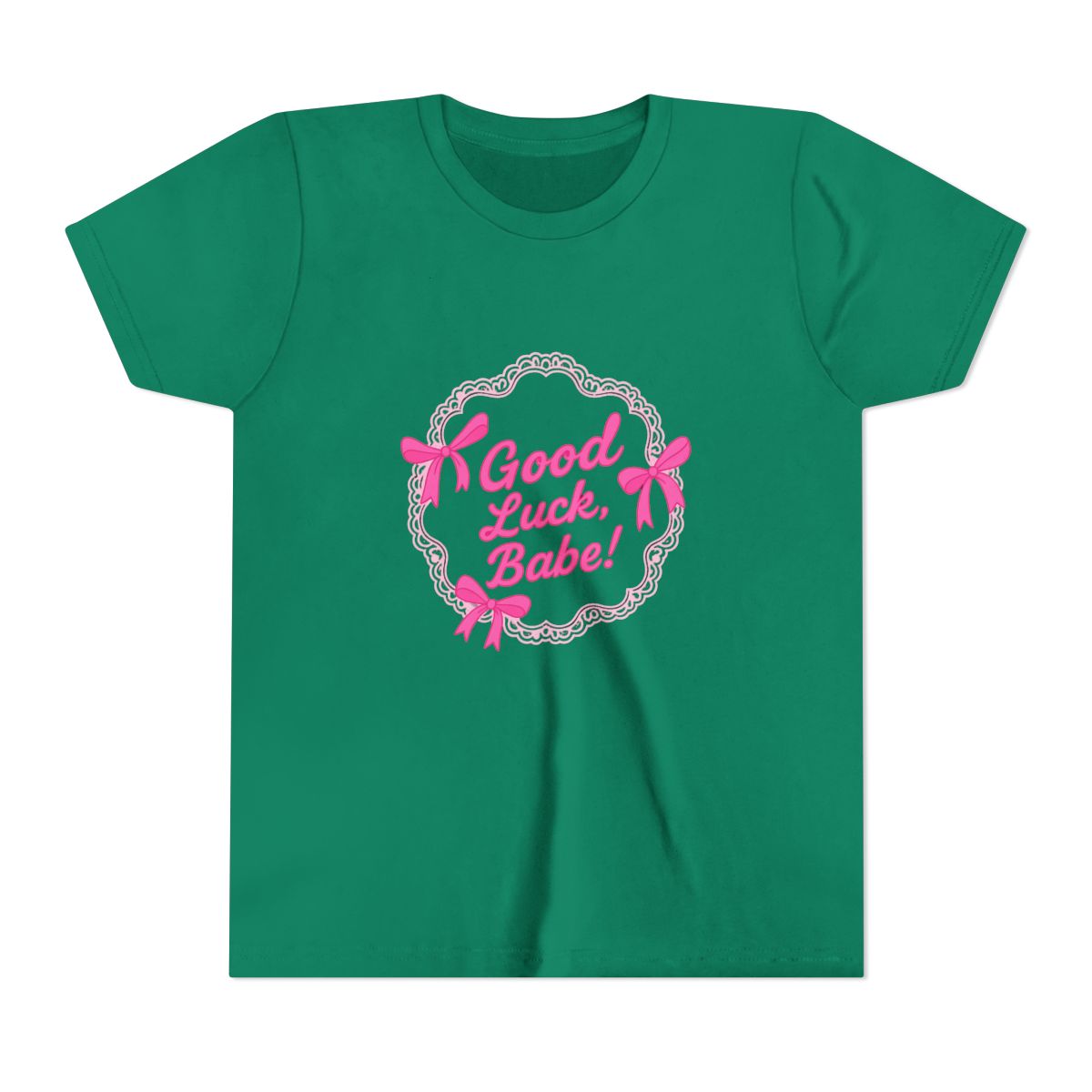 Orchid-coloured T Shirt featuring a cake graphic with pink bows and the text "Good Luck, Babe!". The shirt is made of a soft material and is suitable for casual wear (Kids) - alternate angle 2, merchandise