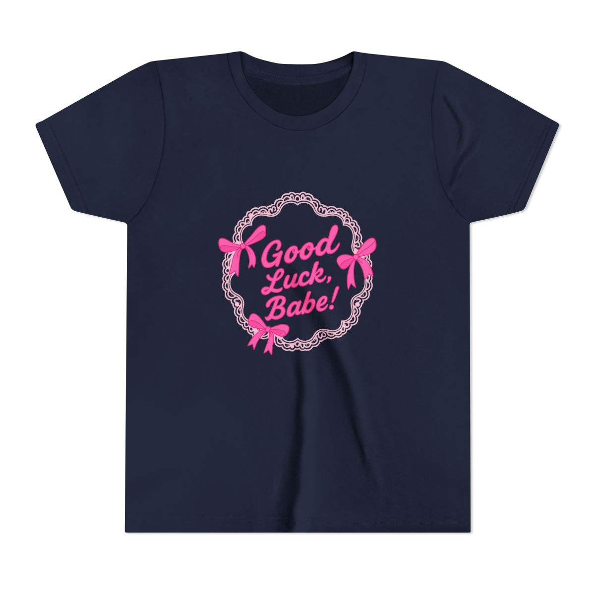Orchid-coloured T Shirt featuring a cake graphic with pink bows and the text "Good Luck, Babe!". The shirt is made of a soft material and is suitable for casual wear (Kids) - alternate angle 2, merchandise
