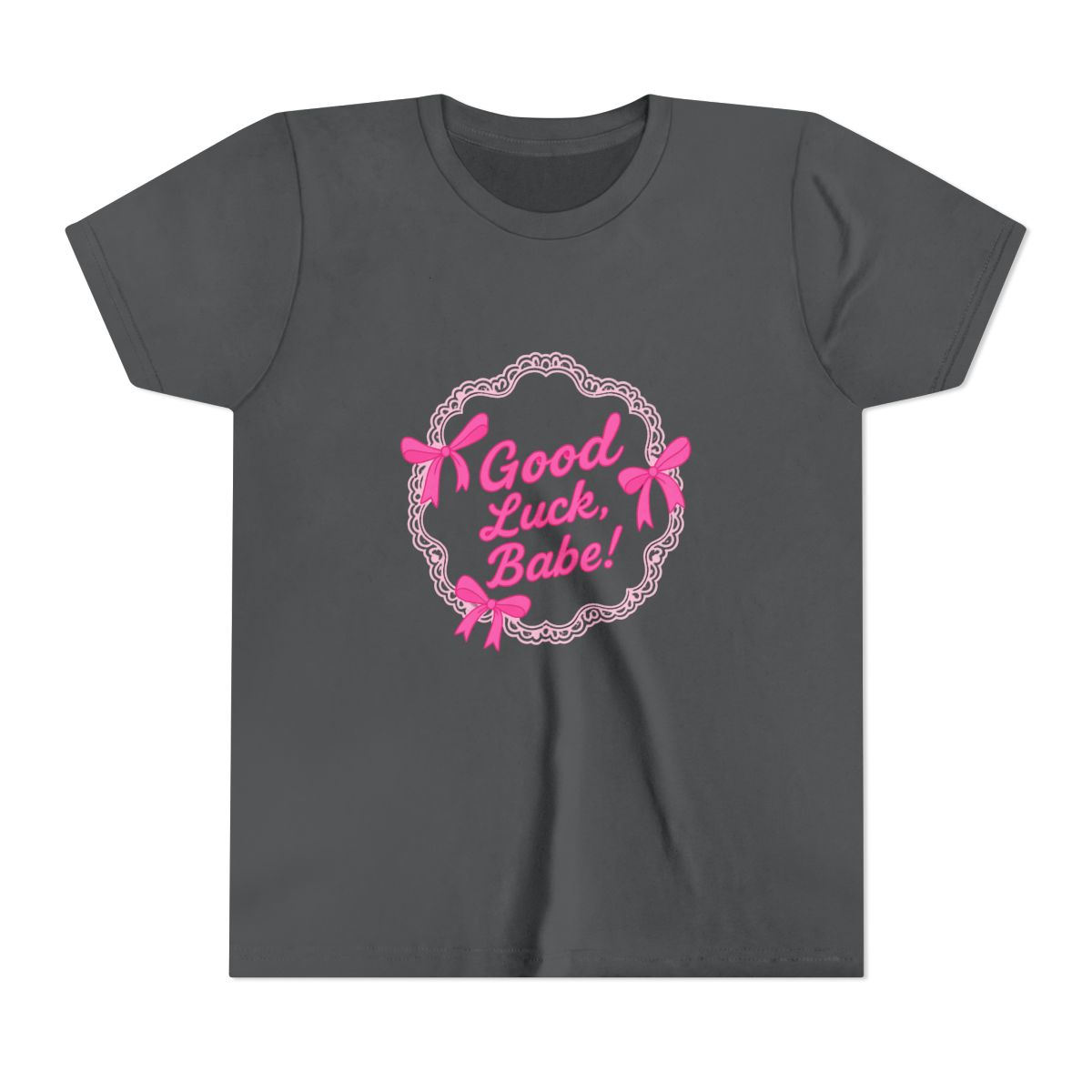 Orchid-coloured T Shirt featuring a cake graphic with pink bows and the text "Good Luck, Babe!". The shirt is made of a soft material and is suitable for casual wear (Kids) - alternate angle 5, merchandise