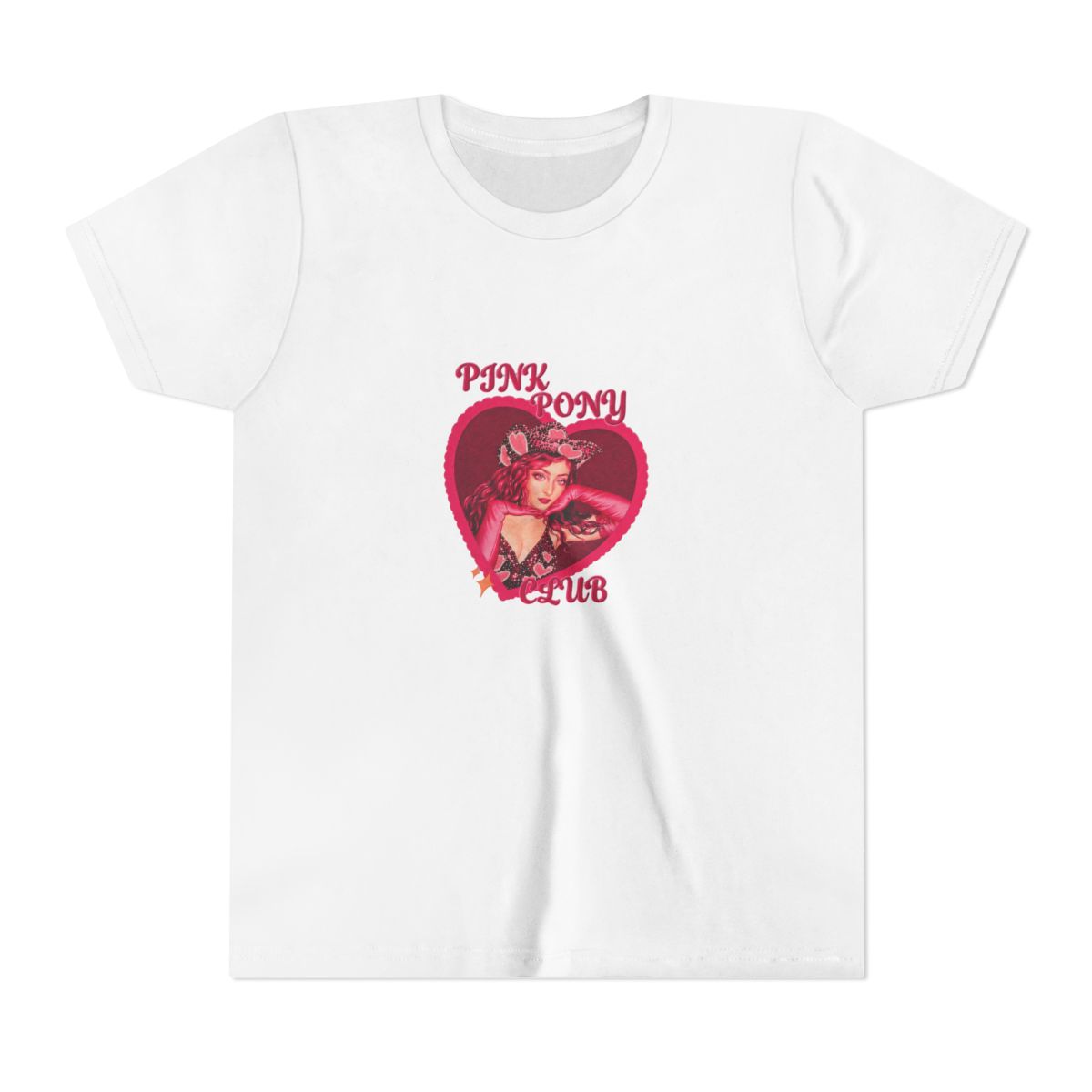 Two t-shirts with a pink heart design featuring a woman wearing a cowboy hat and the text "PINK PONY CLUB" (Kids)