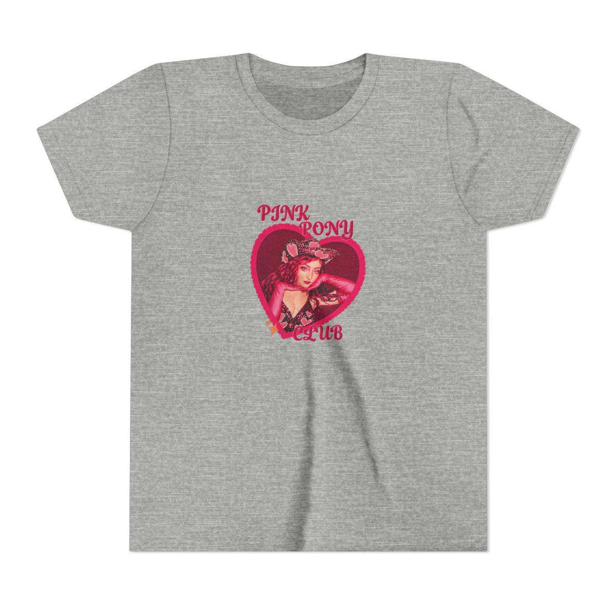 Two t-shirts with a pink heart design featuring a woman wearing a cowboy hat and the text "PINK PONY CLUB" (Kids) - alternate angle 5, merchandise