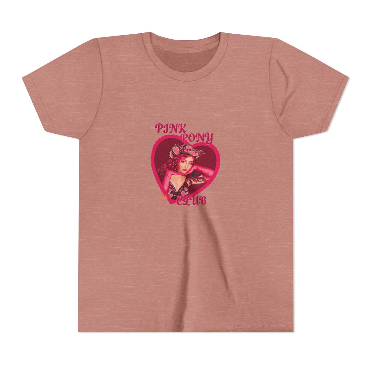 Two t-shirts with a pink heart design featuring a woman wearing a cowboy hat and the text "PINK PONY CLUB" (Kids) - alternate angle 2, merchandise