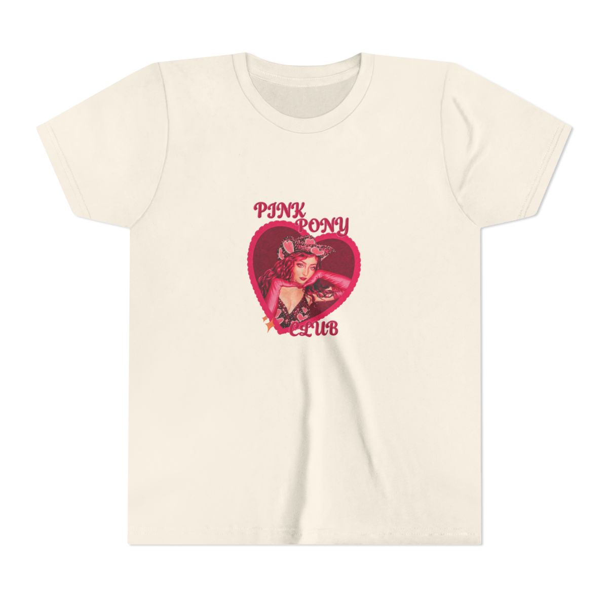 Two t-shirts with a pink heart design featuring a woman wearing a cowboy hat and the text "PINK PONY CLUB" (Kids) - alternate angle 3, merchandise