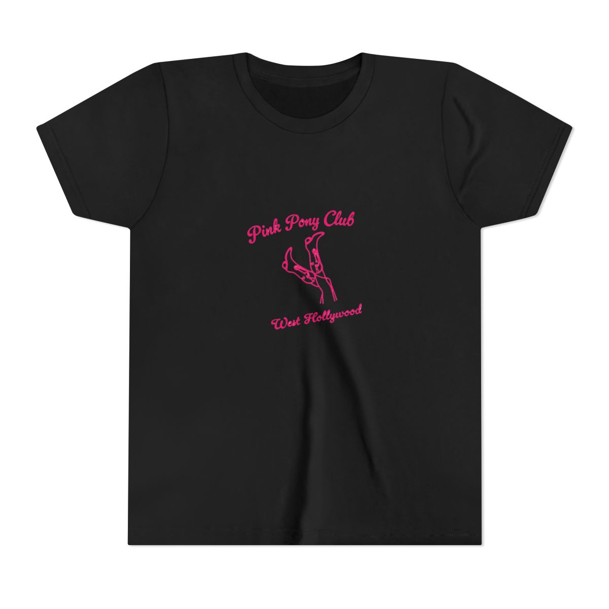 White T Shirt with the text "Pink Pony Club West Hollywood" in pink script. The shirt features a pink line drawing of legs and high heels. The shirt is folded and placed on a light surface (Kids) - alternate angle 2, merchandise