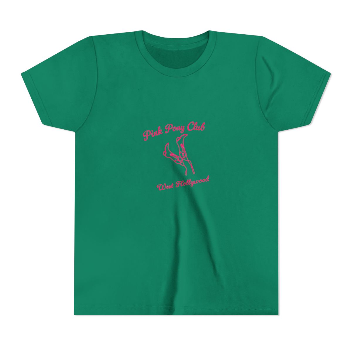 White T Shirt with the text "Pink Pony Club West Hollywood" in pink script. The shirt features a pink line drawing of legs and high heels. The shirt is folded and placed on a light surface (Kids) - alternate angle 3, merchandise